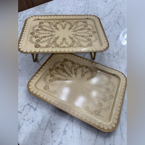 Lavada Other - ❤️SOLD❤️ Vintage MCM Metal Lap TV Trays Gold Floral Print Set of 2 La Vada 1960s